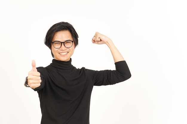 Rise Arms Biceps and Showing Thumbs Up Of Handsome Asian Man Isolated On White Background