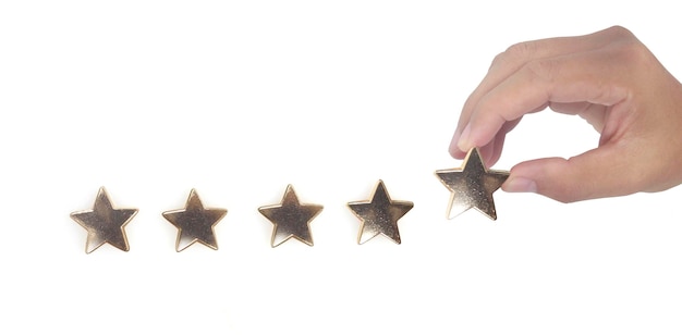 Rise on increasing five stars in human hand, Increase rating evaluation classification concept