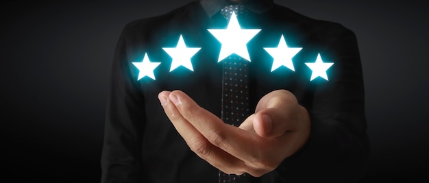 Rise on increasing five stars in human hand rating evaluation and classification concept