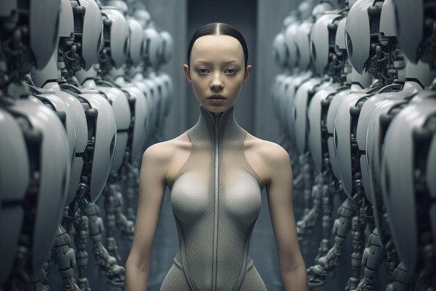 Восстание машин, идея, изображение, созданное с помощью технологии генеративного искусственного интеллекта, красивая женщина, человекоподобные машины, лидер, воин