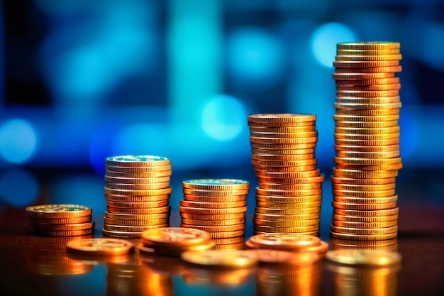 A rising bar graph made of stacked coins captured from a low perspective with a blue bokeh background