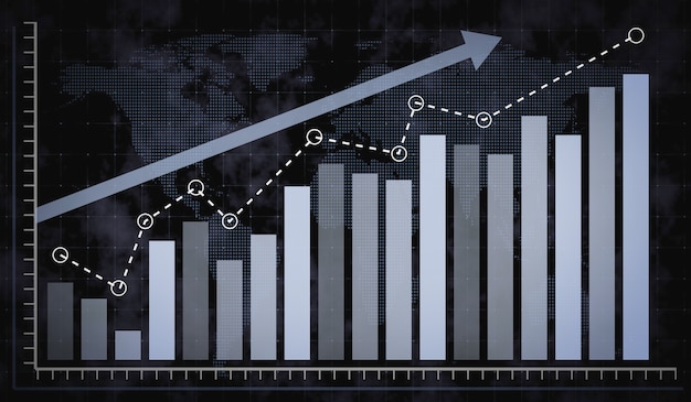 Rising blue bar graph following the arrow on a background of a dotted world map. 3d render.