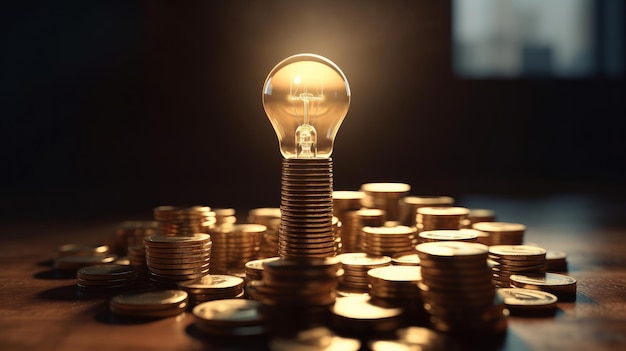 Rising energy cost concept Light bulb on top of a stack of gold coins Generative AI