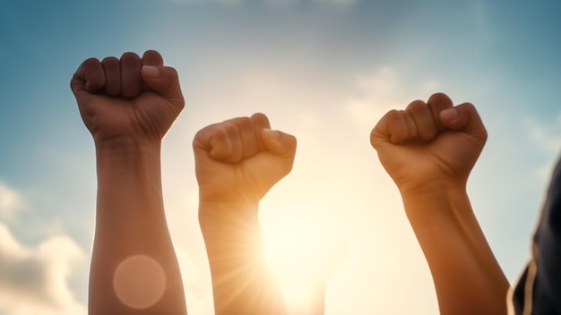 Rising fist of adult people male and female overdramatic blue sky with sunlight