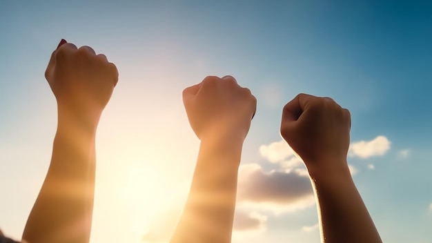 Rising fist of adult people male and female overdramatic blue sky with sunlight