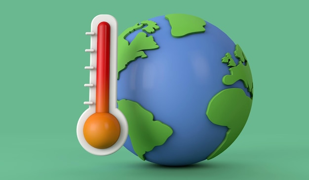 Rising global temperatures earth model with a thermometer d render