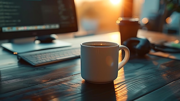 Восходящее солнце над черным деревянным столом с компьютером, телефоном и кружкой для кофе
