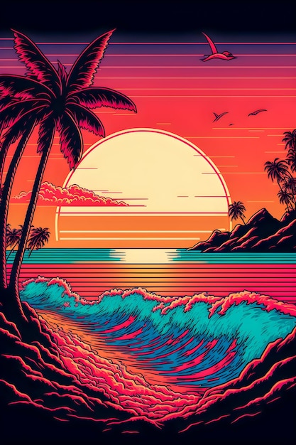 Rising sun and paradise beach background vintage style illustration