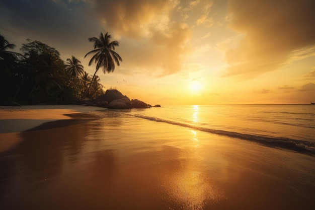 Rising sun on serene beach blue sky coconut trees and golden reflection in the water generative IA