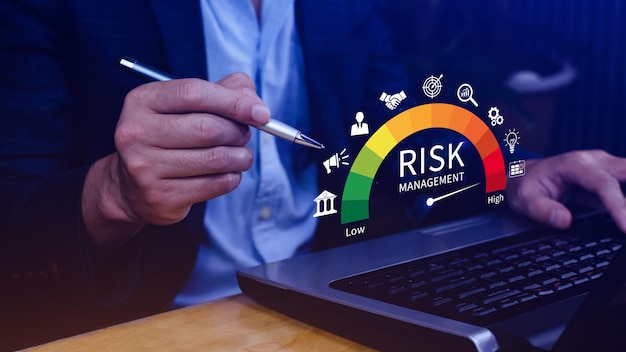 RISK concept analyzing risk and opportunities to planning business via risk level indicator virtual rating low to high digital virtual Risk management strategies concept