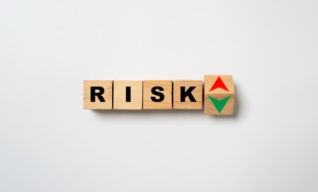 Risk wording with up and down arrow for Risk management and assessment concept