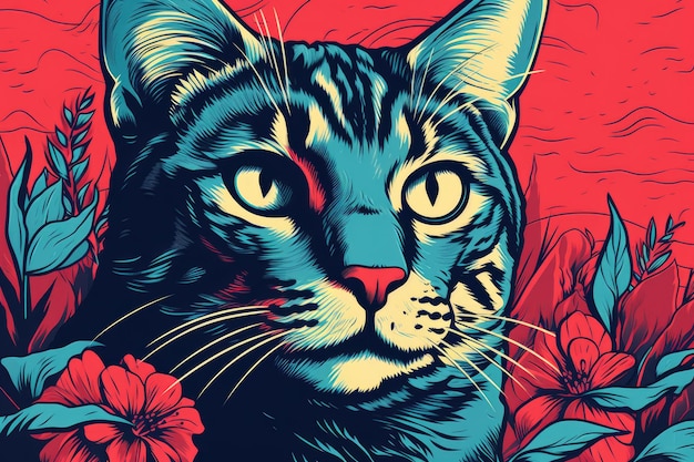 Risograph printstijl met kat pop-art stijl illustratie