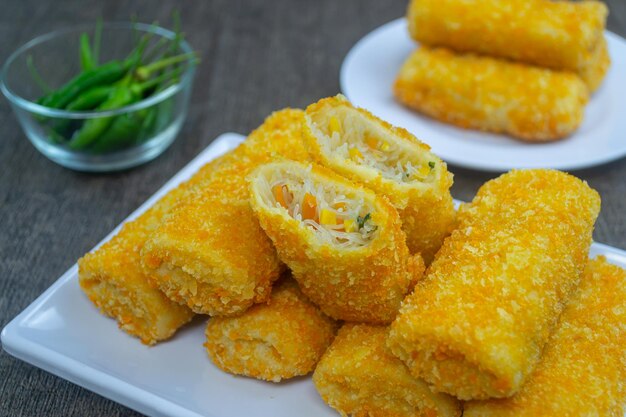 Risoles bihun or rissole with vermicelli noodle filling served on white plate