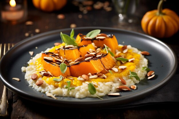 Photo risotto alla zucca pumpkin risotto garnished with roasted pumpkin seeds