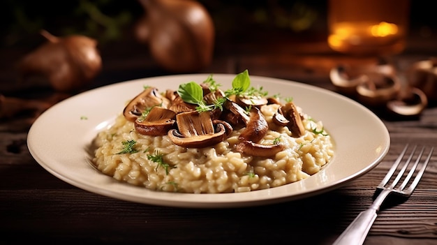 Foto risotto funghi porcini su tavolo di legno rustico risotto con funghi su tavolo di legno generativa ai