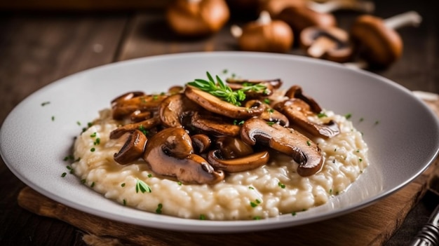 Risotto fungi porcini on rustic wooden table Risotto with mushrooms on a wooden table Generative AI