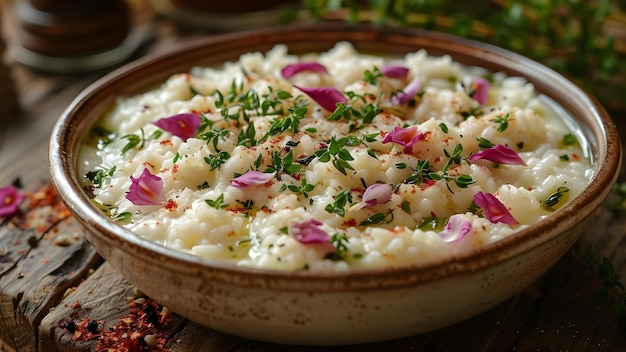 Foto risotto geserveerd in een keramisch gerecht met eetbare bloempetalen versiering concept voedselfotografie eetbare versieringen keramische gerechten risotto presentatie culinaire kunst