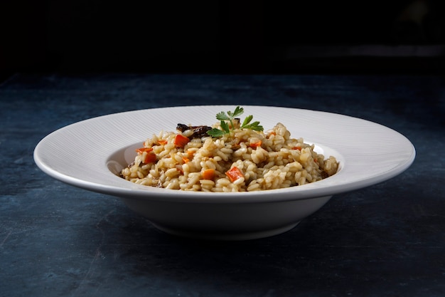 Risotto, Italian rice with mushrooms, vegetables and parsley served on white porcelain plate