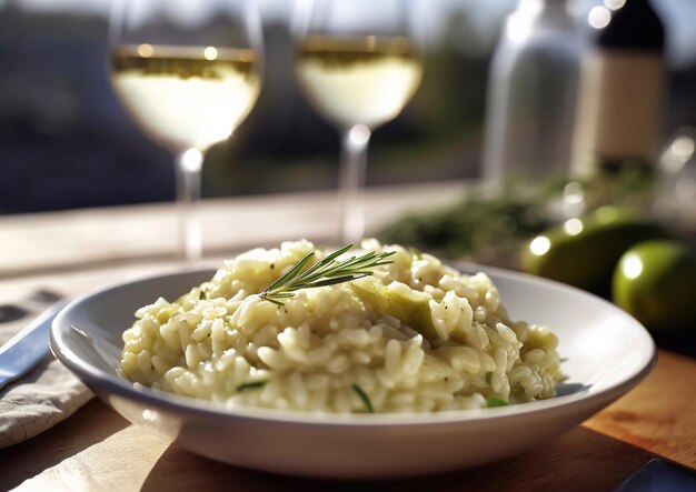 Foto risotto riso piatto vegetariano con bicchieri di vino bianco sul tavolo del ristoranteai generative