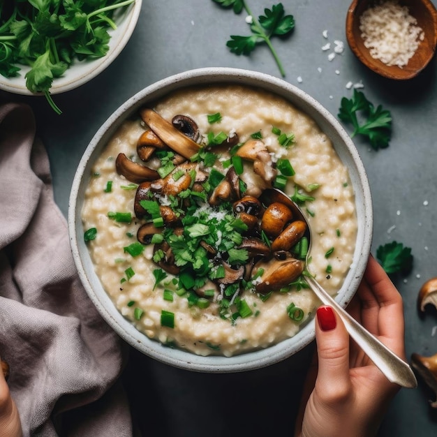 Risotto with champignons and parsley in a bowl