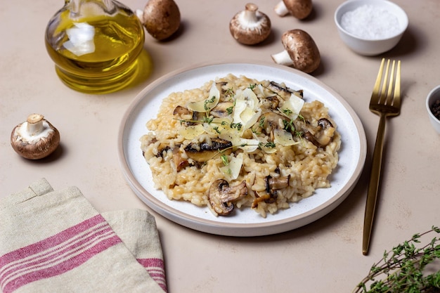 Risotto with mushrooms cheese and thyme Vegetarian food Italian food