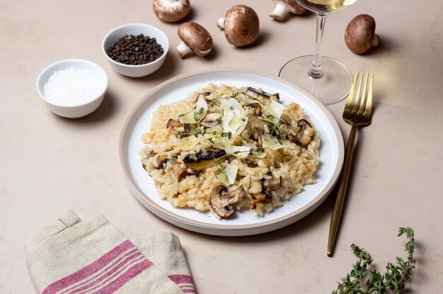 Risotto with mushrooms cheese and thyme Vegetarian food Italian food