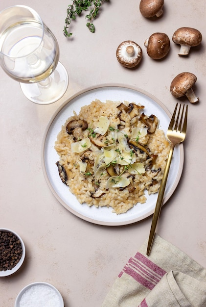 Risotto with mushrooms cheese and thyme Vegetarian food Italian food