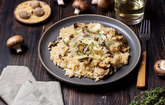 Risotto with mushrooms cheese and thyme Vegetarian food Italian food