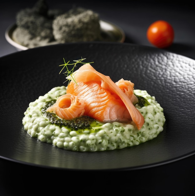 Risotto with pesto sauce and creamy stracciatella complemented by salmon