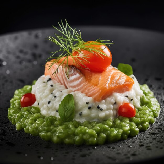 Risotto with pesto sauce and creamy stracciatella complemented by salmon