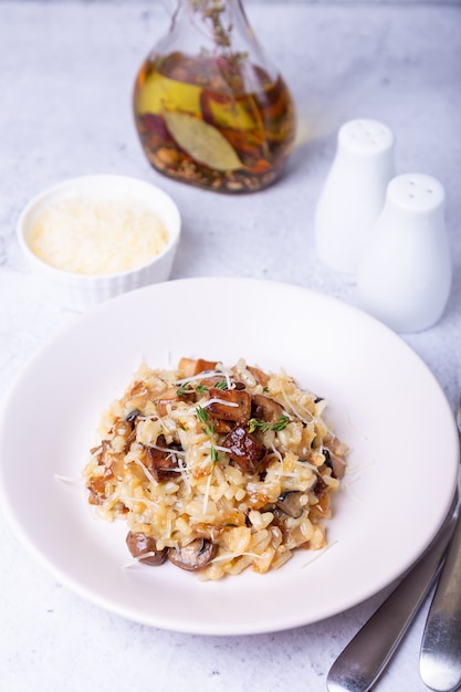 Risotto with porcini mushrooms. Traditional Italian dish. Close-up, vertical orientation.