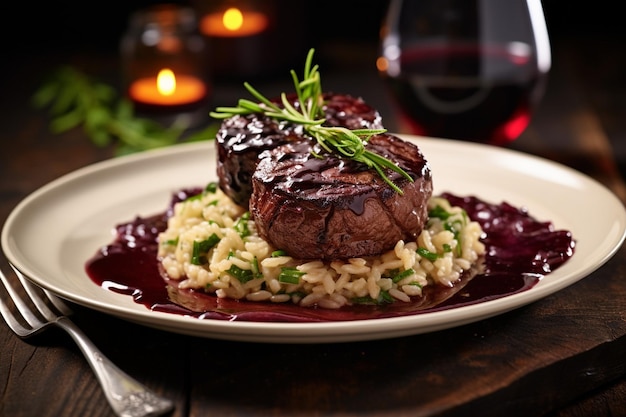 Risotto with seared wagyu beef slices and truffle jus