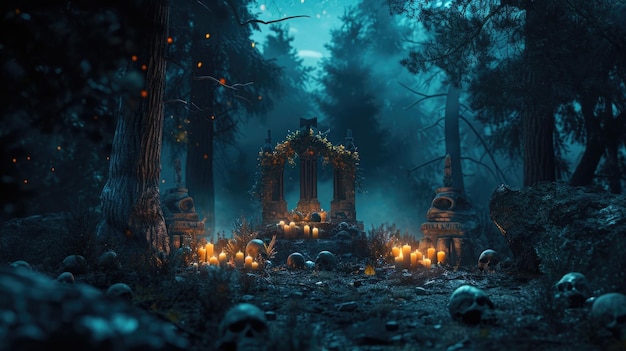 Photo a ritual altar stands at the heart of the forest adorned with skulls and candles as a black metal