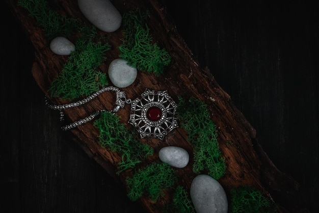 Ritual amulet green moss and stones in the bark of a tree on a black background