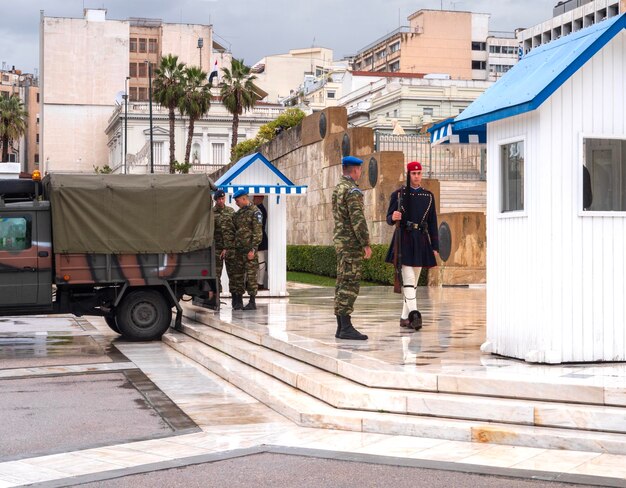 ritual of changing the guard of the Greek Evzonian Guards at the grave of the Unknown Soldier on Syn