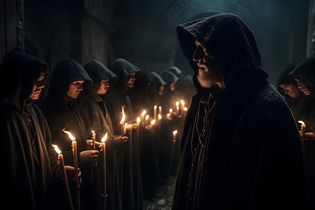 Ritual of medieval priests with candles in the temple Neural network AI generated