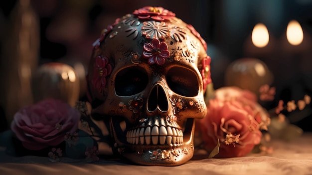 Ritual Mexican skull decorated with colorful flowers straight view