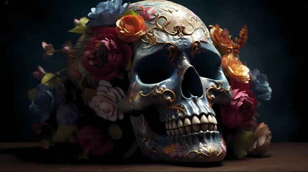 色とりどりの花で飾られた儀式用のメキシコの頭蓋骨の正面図