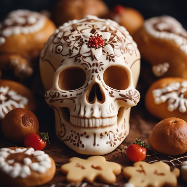 Photo ritual sweet bread in the form of a skull according to a mexican recipe pan de muerto wallpaepr