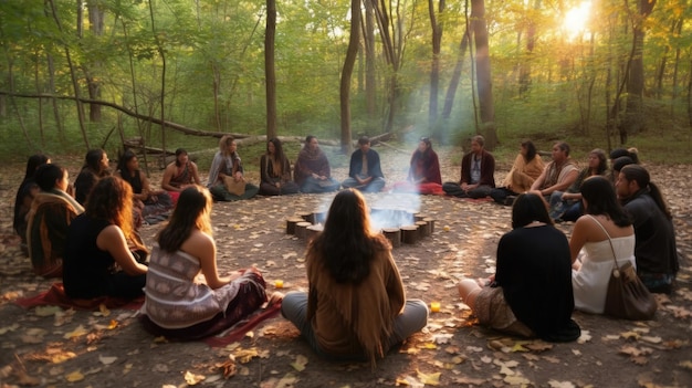 Photo the ritualistic drum circle creates a sacred space where participants connect with the divine through the power of rhythmic vibrations generated by ai