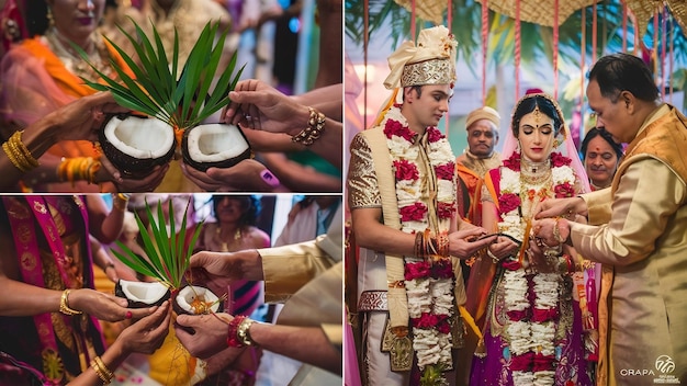 Ritueel met kokosnotenbladeren tijdens een traditionele hindoe-bruiloftsceremonie