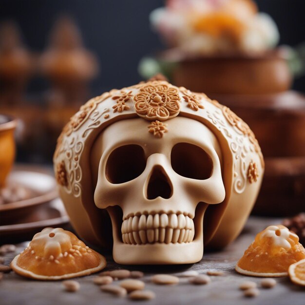 Foto ritueel zoet brood in de vorm van een schedel volgens een mexicaans recept pan de muerto wallpaepr