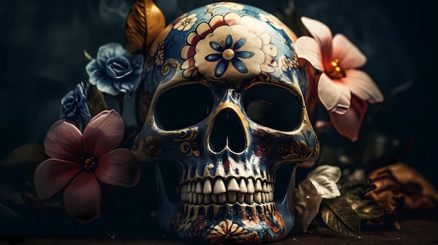 Rituele Mexicaanse schedel versierd met kleurrijke bloemen recht zicht