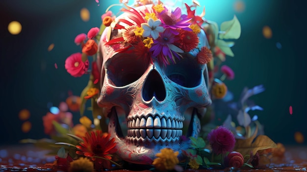 Rituele Mexicaanse schedel versierd met kleurrijke bloemen recht zicht