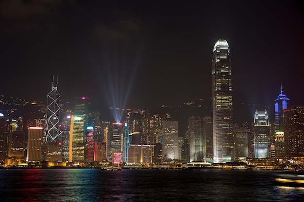 river against illuminated modern buildings in city