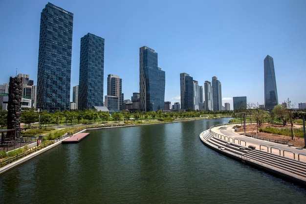 River against tall buildings