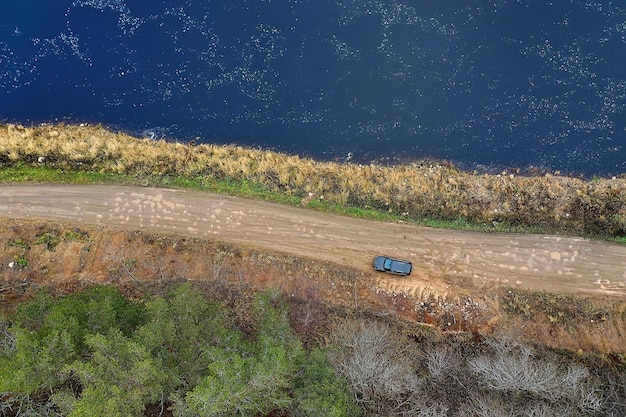 river autumn view from drone forest, landscape panorama aerial view