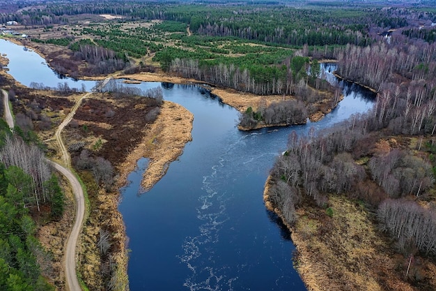 river autumn view from drone forest, landscape panorama aerial view