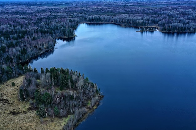 river autumn view from drone forest, landscape panorama aerial view