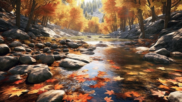 A river in autumn with a colorful scene of leaves on the ground